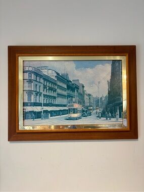 Framed Vintage Streetcar Wall Art in Wood and Brass Frame